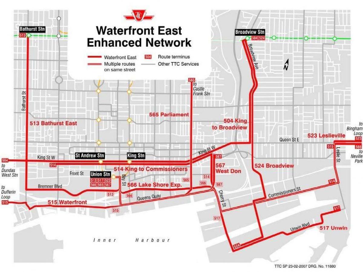 Mapa da Orla Oriental de rede avançada de Toronto