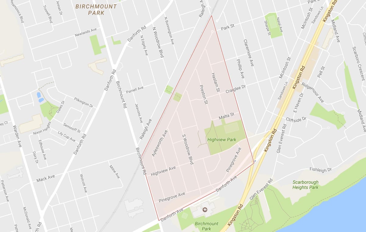 Mapa de Bétula Penhasco Alturas bairro de Toronto