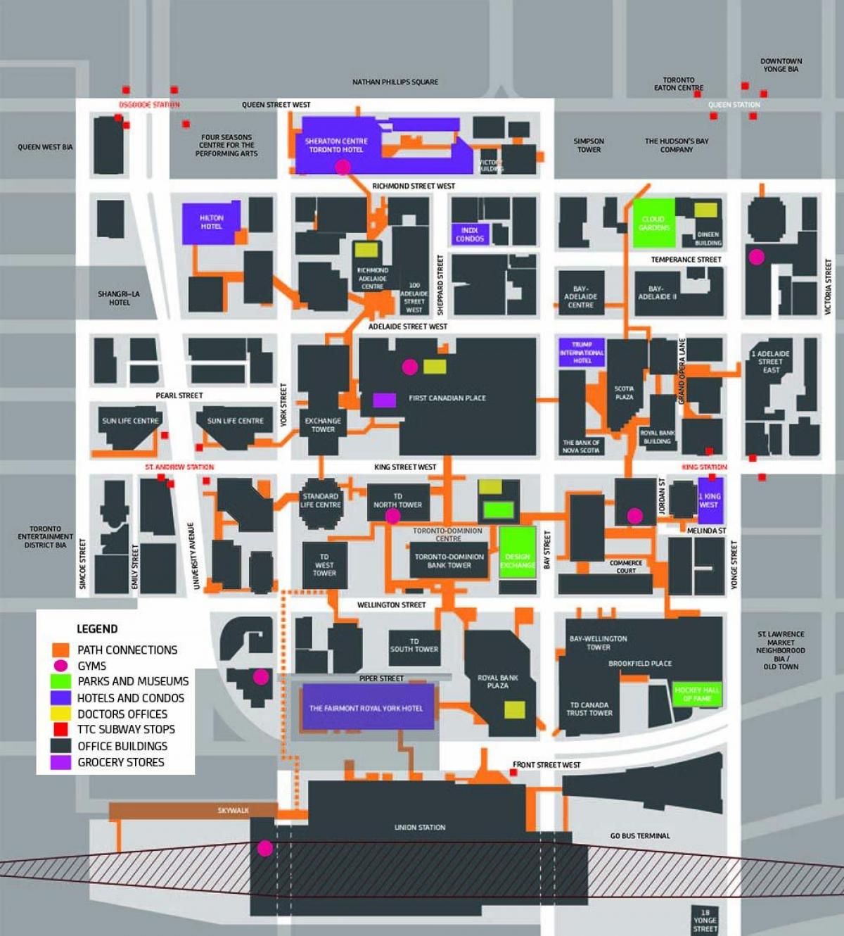 Mapa do Caminho de Toronto Downtown Passarela de Pedestres