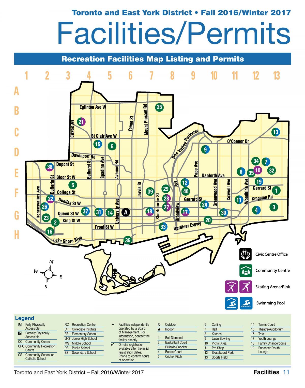 Mapa das instalações de recreação Toronto