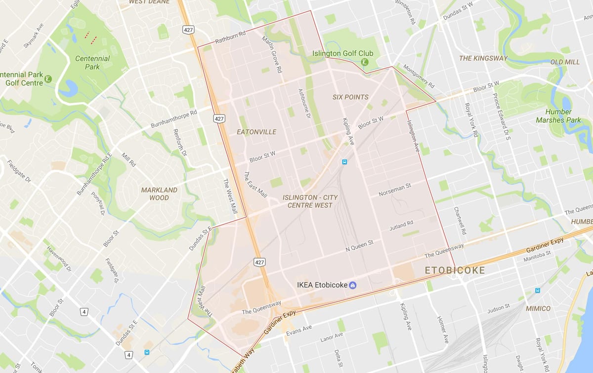 Mapa de Islington-Centro da Cidade a Oeste do bairro de Toronto