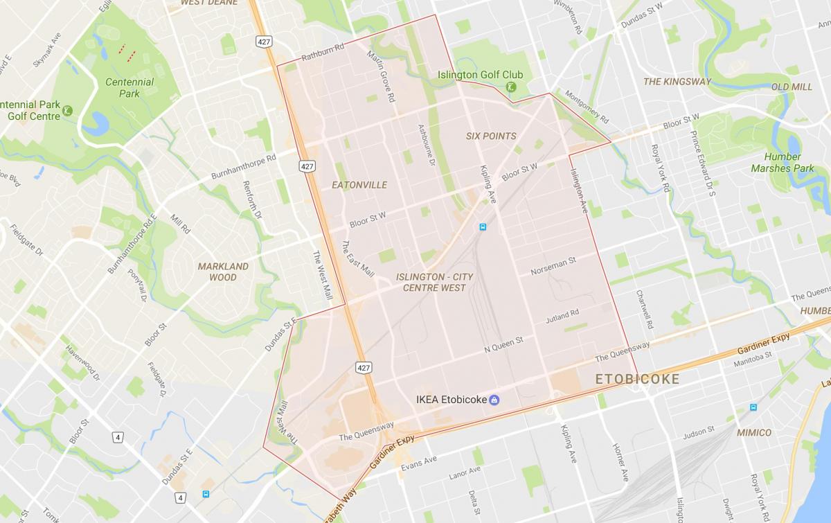 Mapa de Islington-Centro da Cidade a Oeste do bairro de Toronto