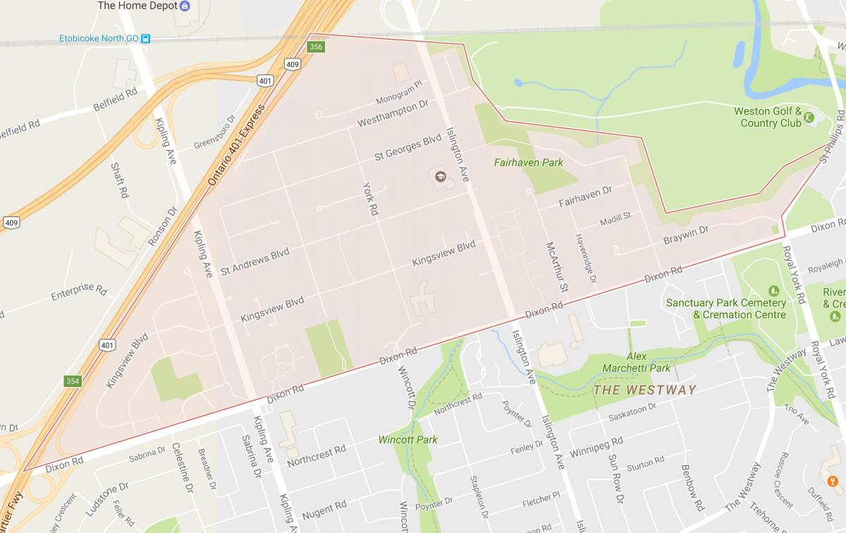 Mapa da Kingsview Aldeia bairro de Toronto