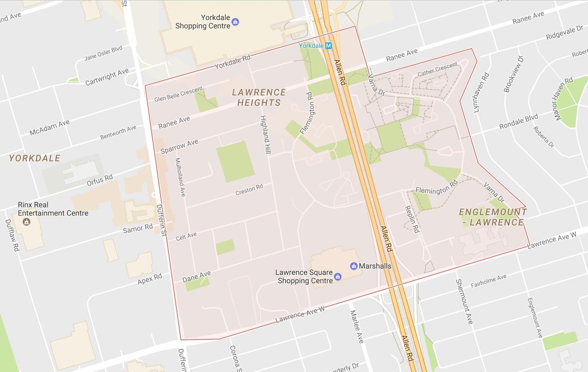 Mapa de Lawrence Alturas bairro de Toronto