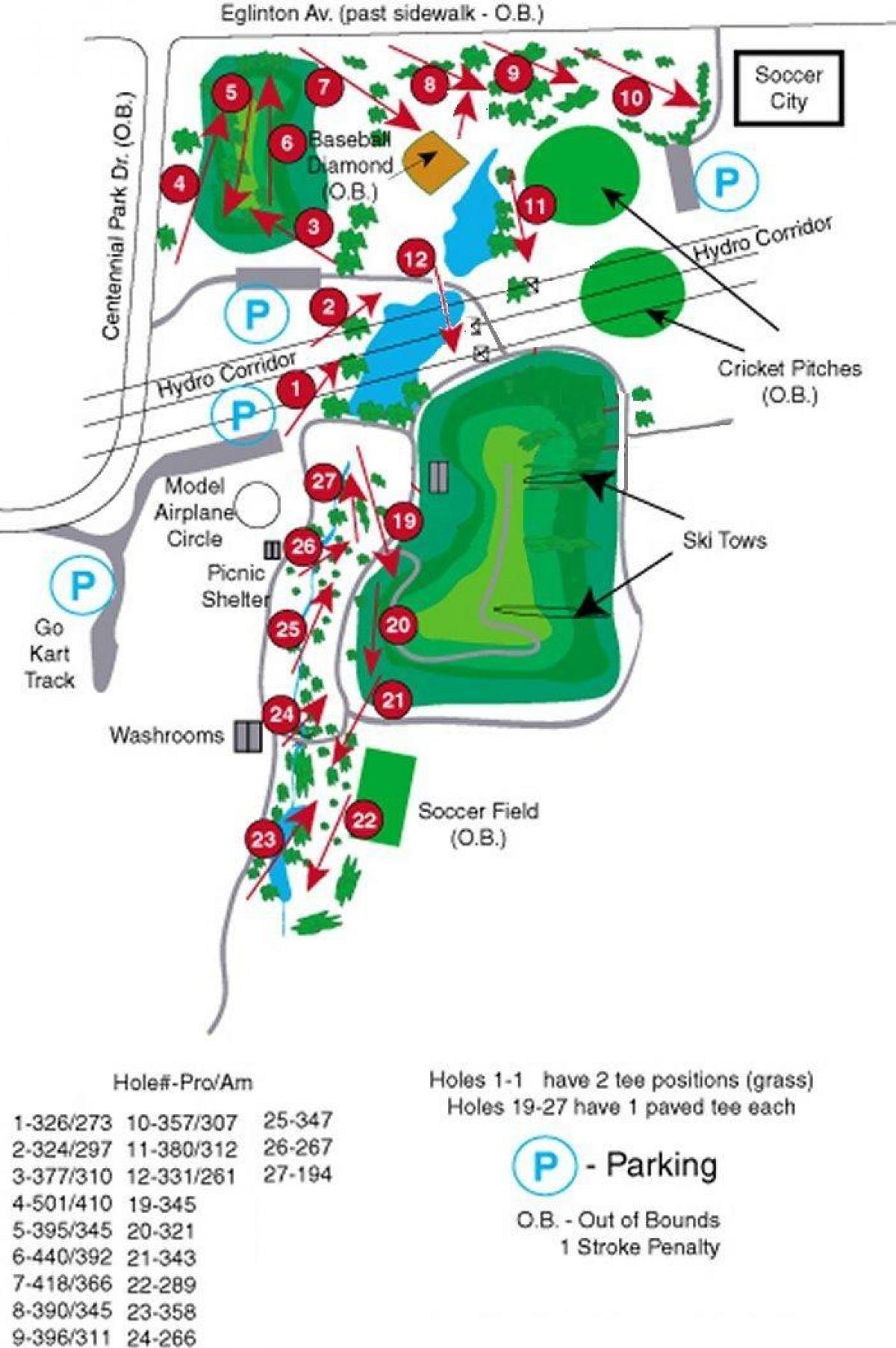 Mapa do Parque Centenário de campos de golfe de Toronto