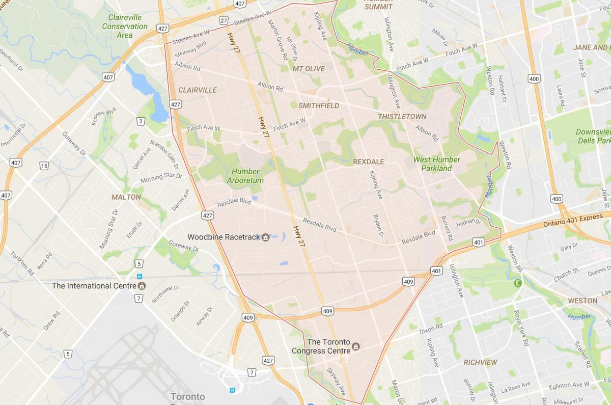 Mapa de Rexdale bairro de Toronto