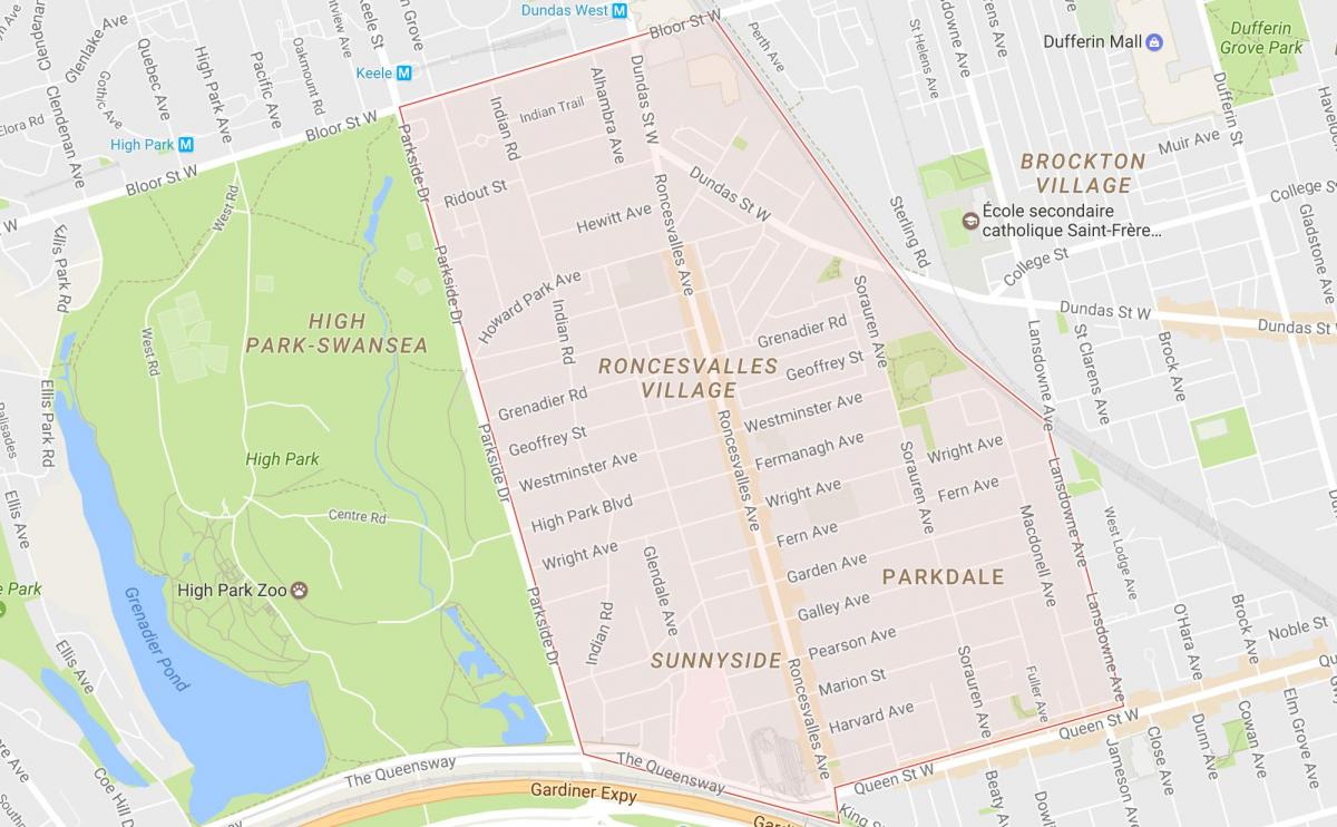 Mapa de Roncesvalles bairro de Toronto
