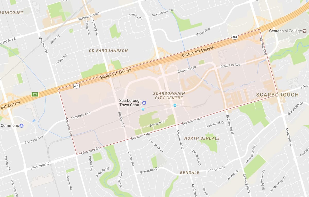 Mapa de Scarborough Centro da Cidade, bairro de Toronto