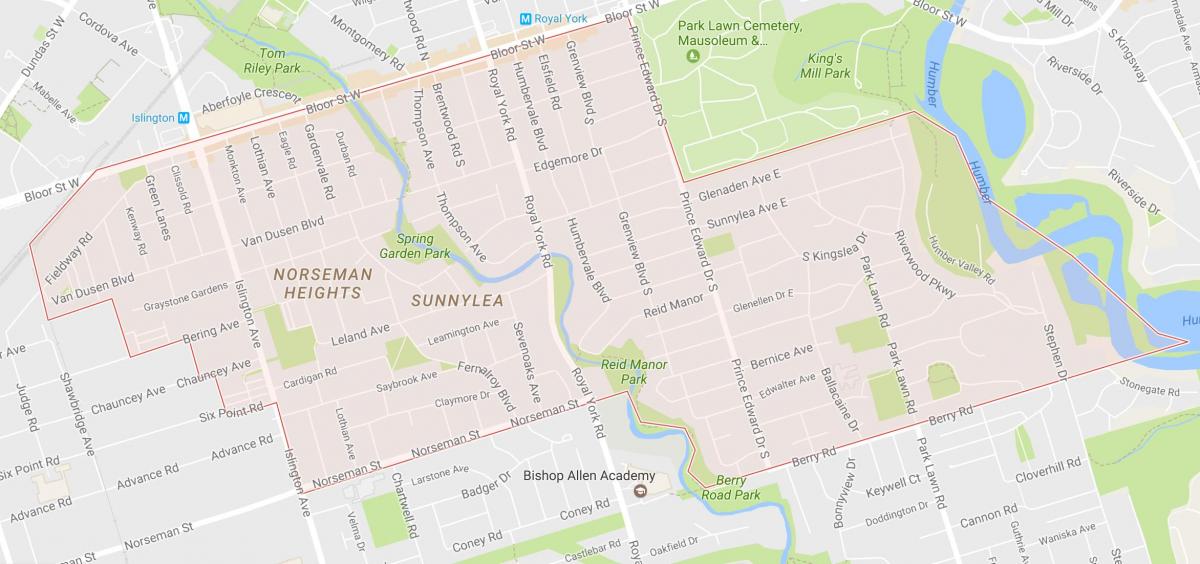 Mapa de Sunnylea bairro de bairro de Toronto