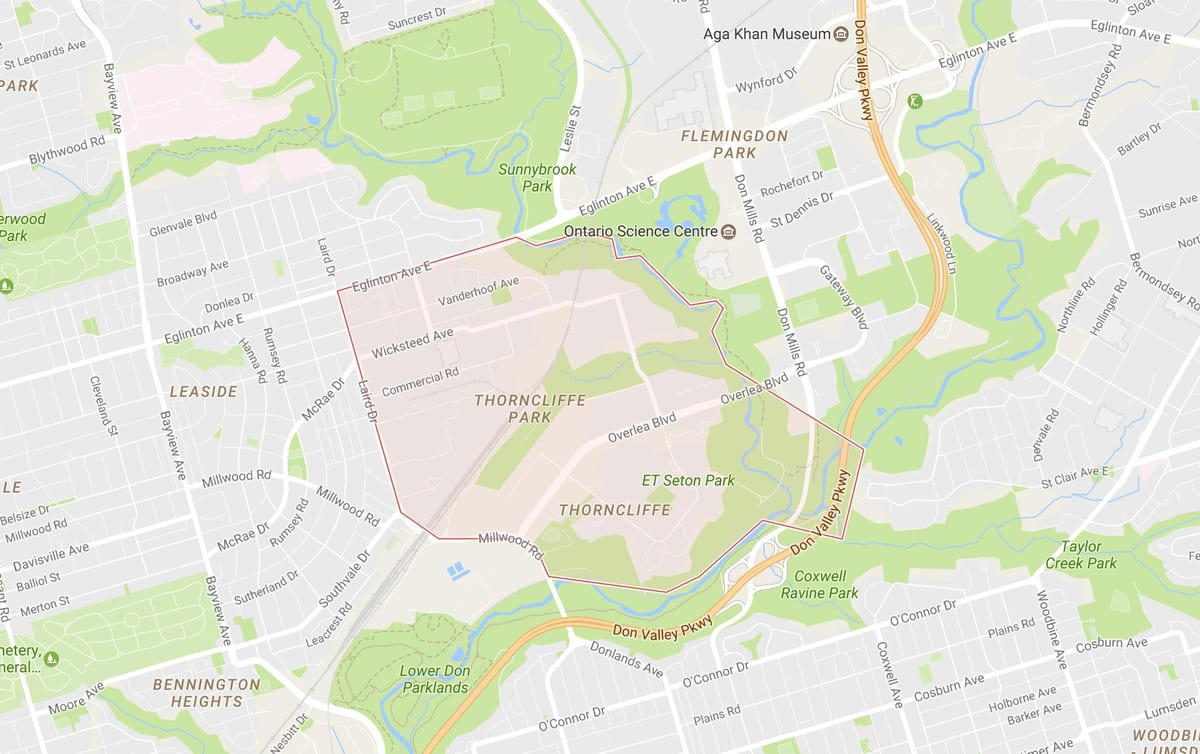 Mapa de Thorncliffe Parque bairro de Toronto