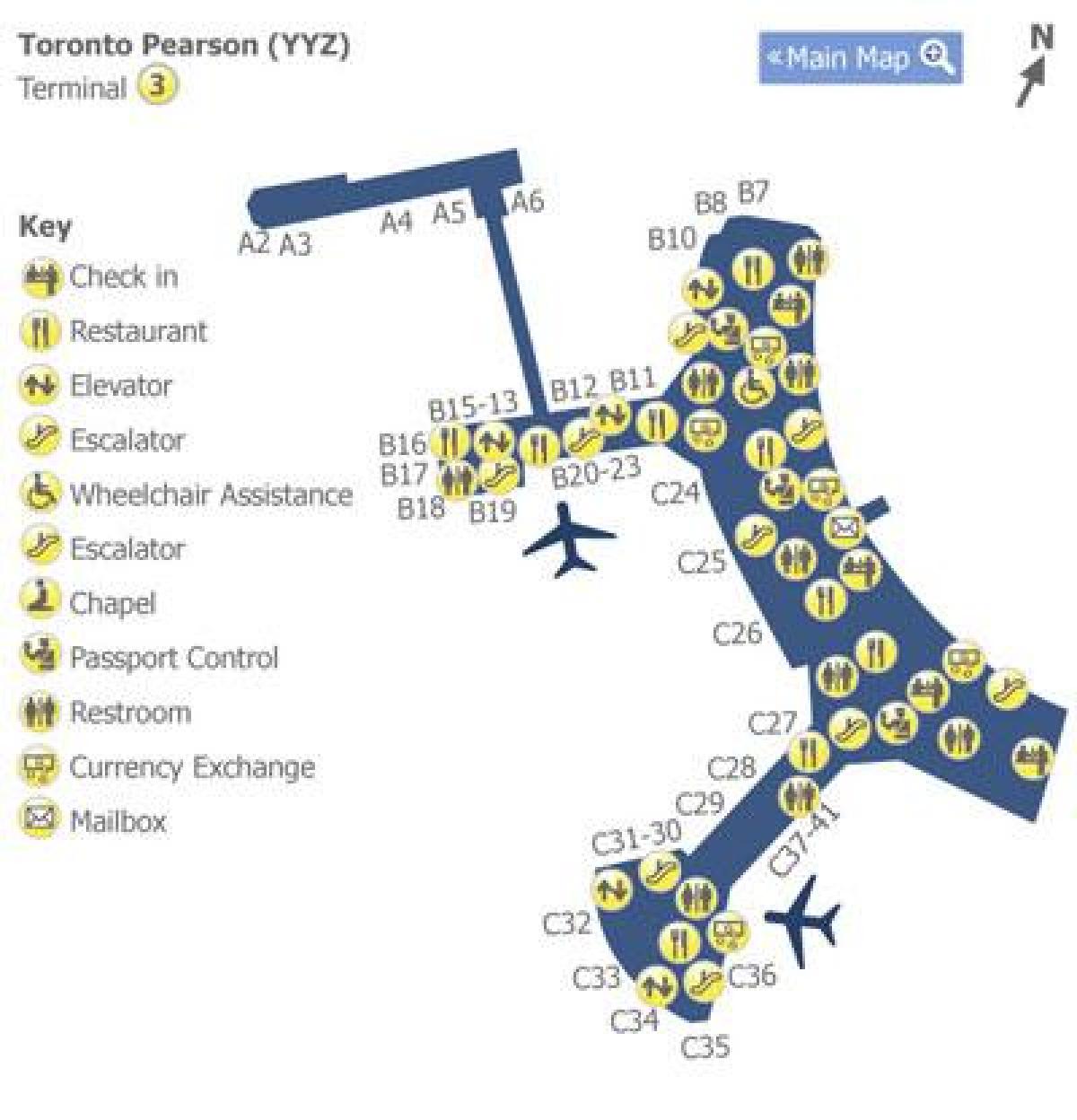 Mapa de Toronto Pearson, terminal 3 do aeroporto