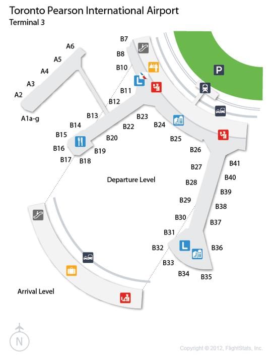 Mapa de Toronto Pearson chegada ao aeroporto de terminais de nível 3