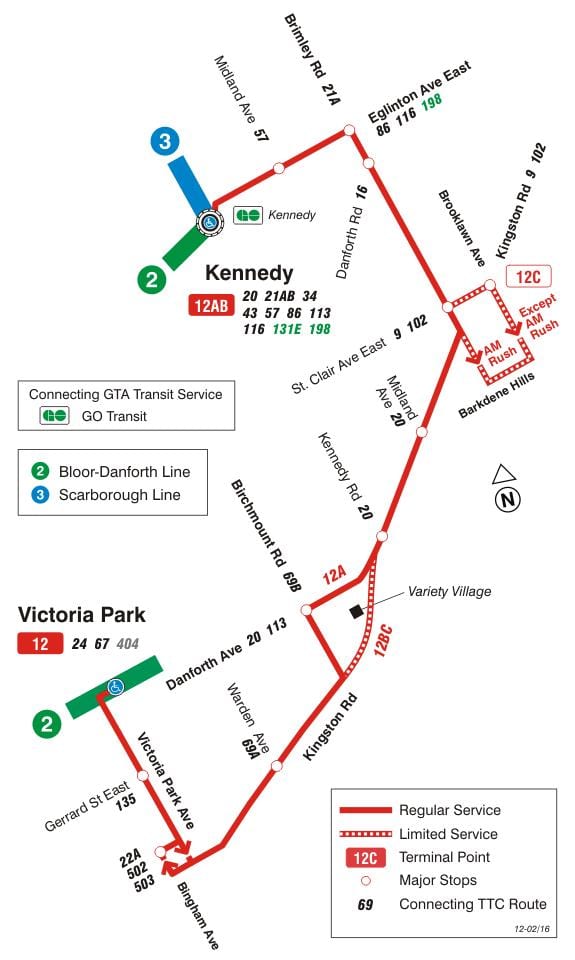 Mapa do TTC 12 Kingston Rd rota de ônibus de Toronto