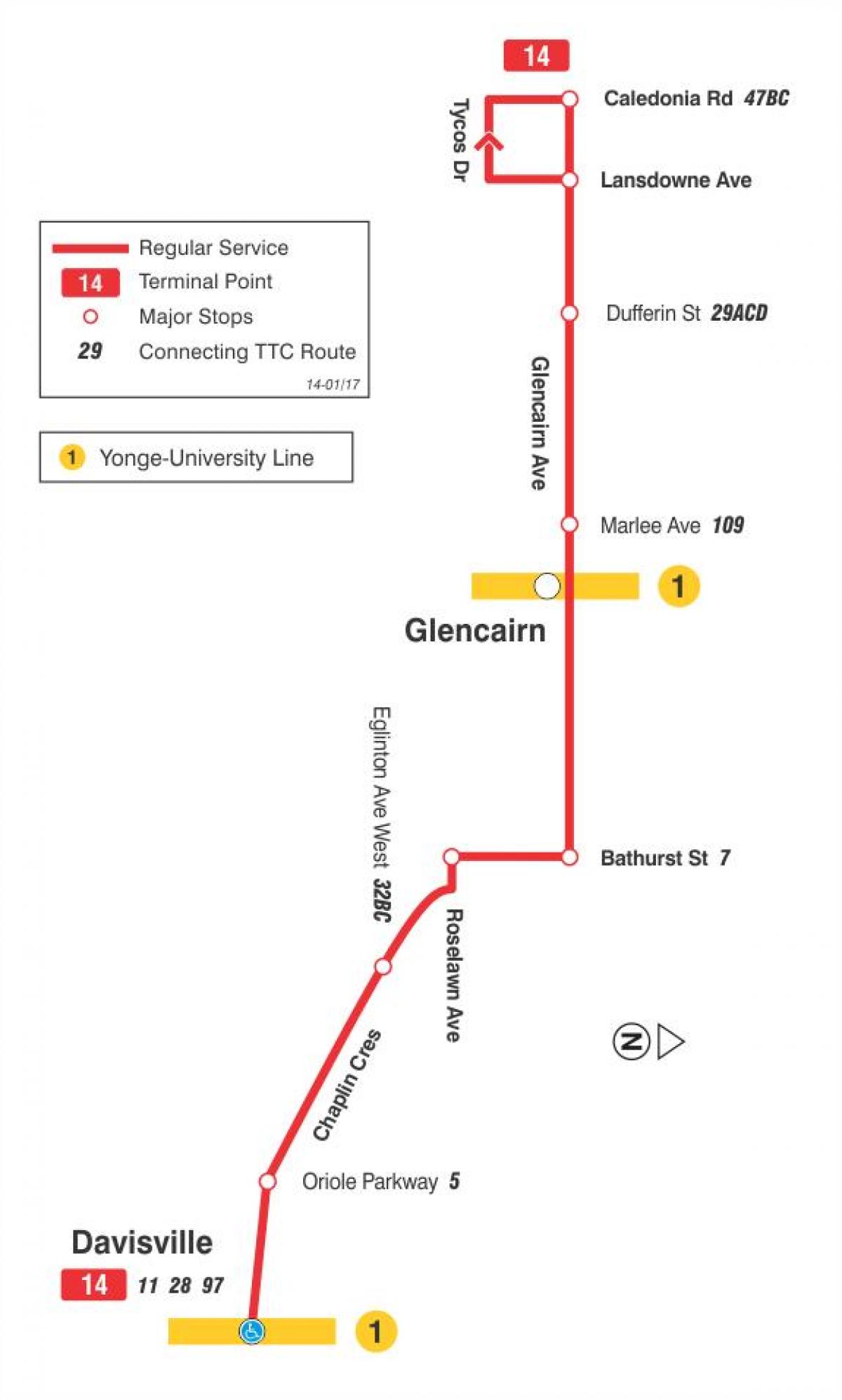 Mapa do TTC 14 Glencairn rota de ônibus de Toronto