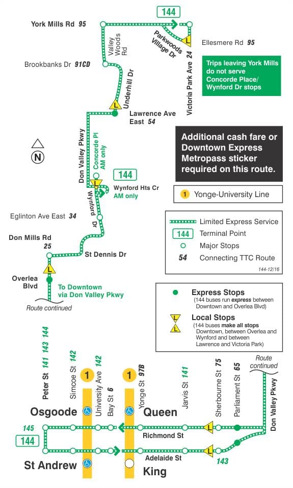 Mapa do TTC, 144 Centro / Não Vale ônibus Expresso rota Toronto