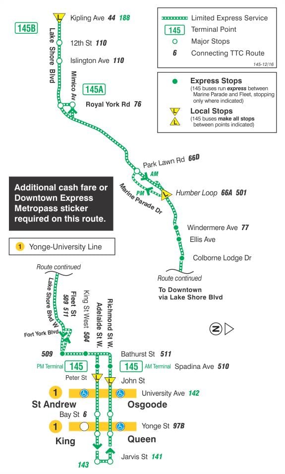 Mapa do TTC, 145 Centro / Humber Bay Express rota de ônibus de Toronto