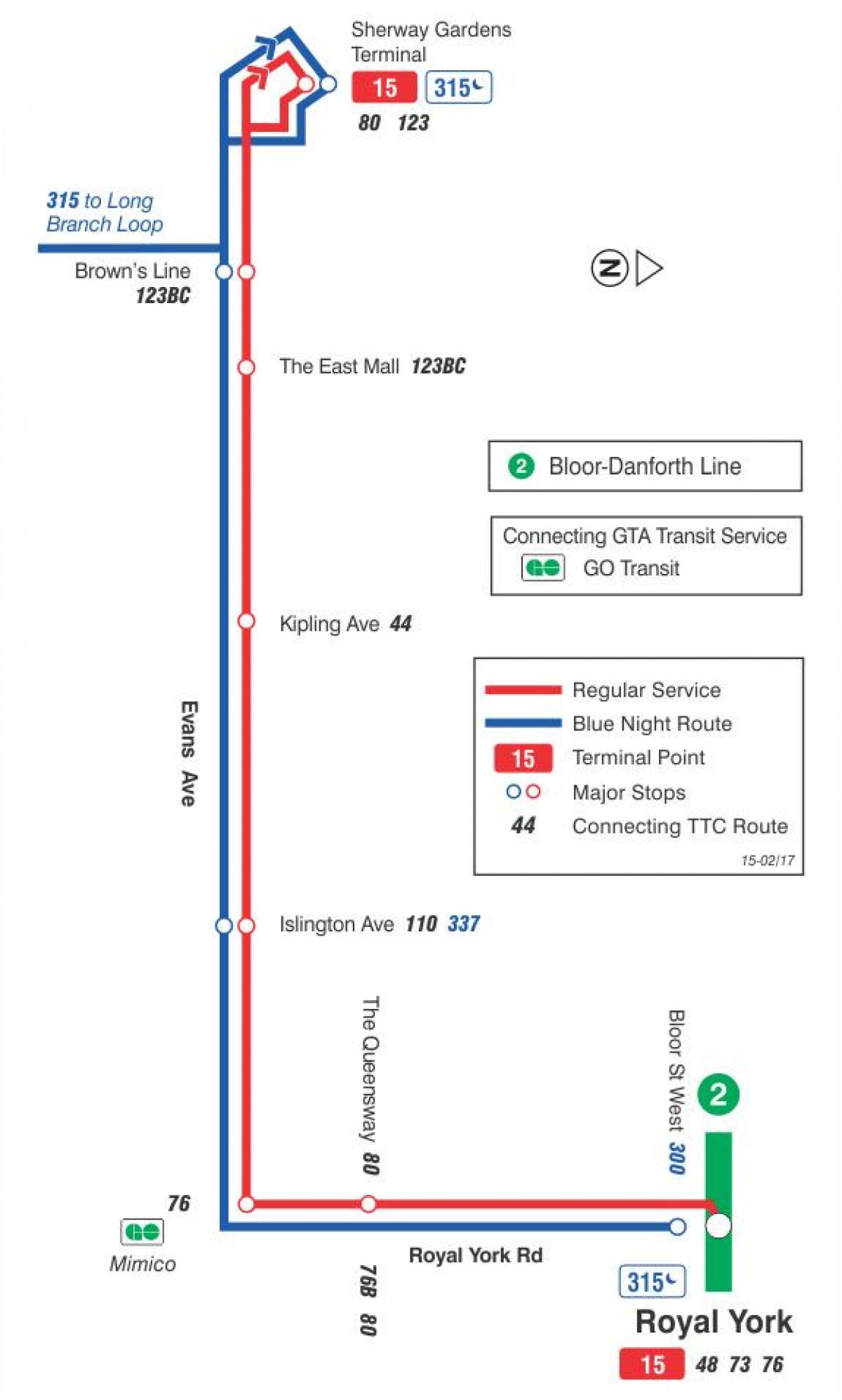 Mapa do TTC 15 Evans rota de ônibus de Toronto