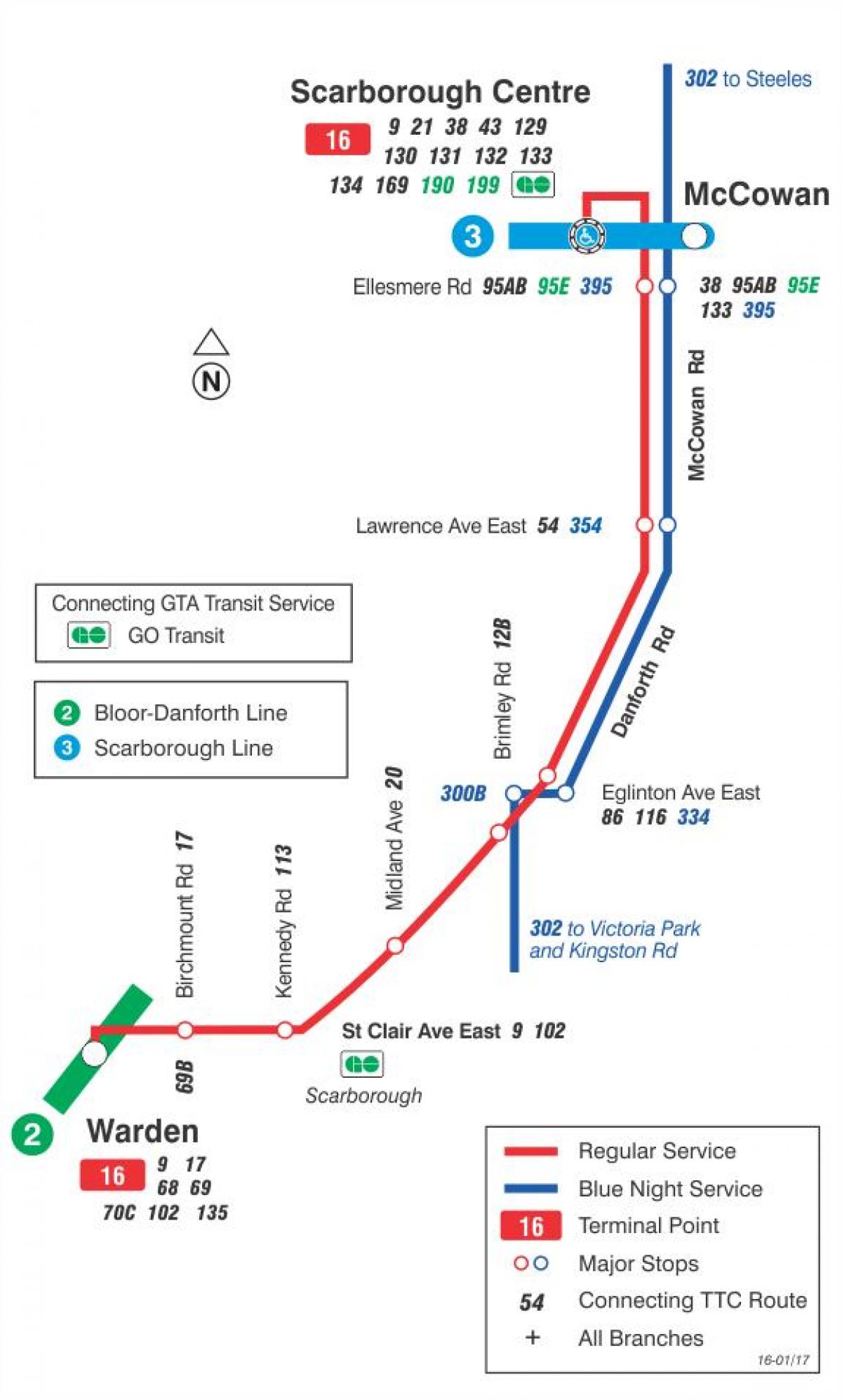 Mapa do TTC 16 McCowan rota de ônibus de Toronto