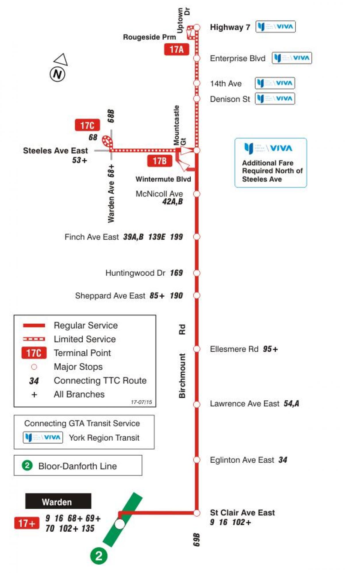 Mapa do TTC 17 Birchmount rota de ônibus de Toronto