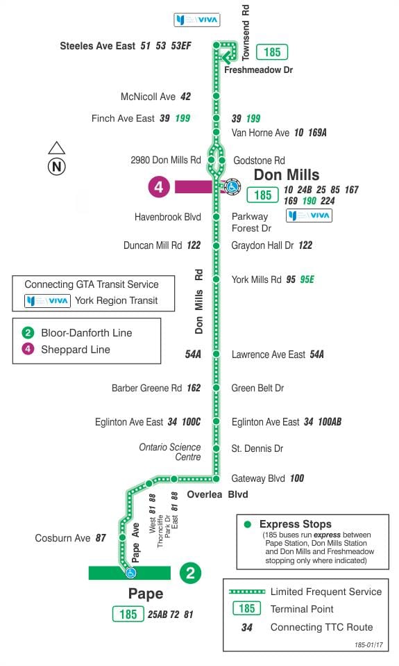 Mapa do TTC 185 Don Mills Foguete rota de ônibus de Toronto