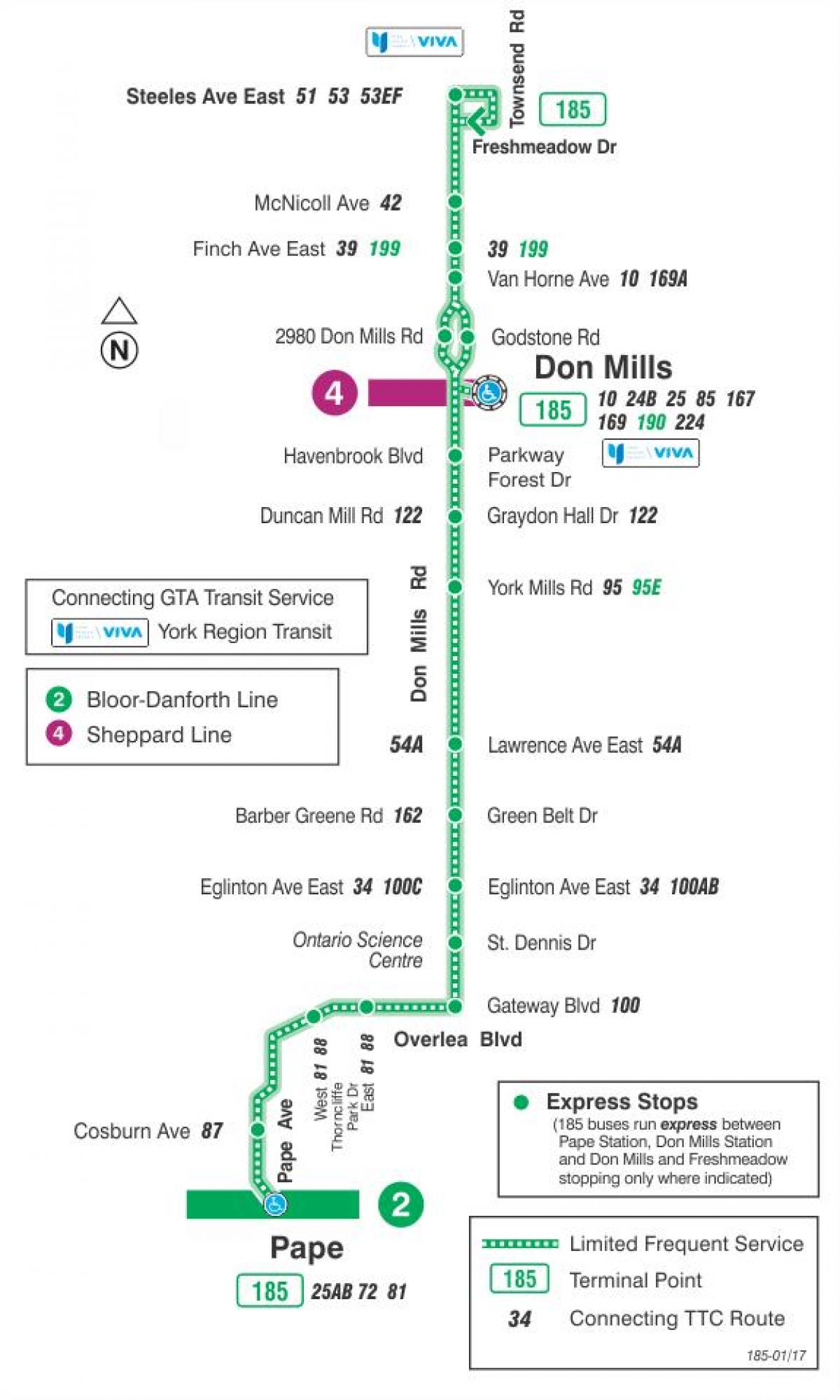 Mapa do TTC 185 Don Mills Foguete rota de ônibus de Toronto