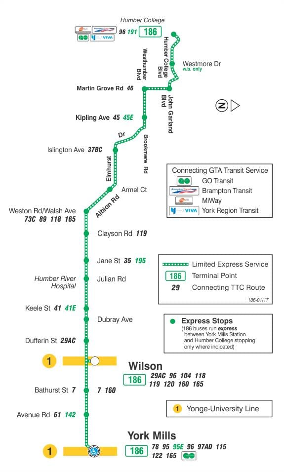 Mapa do TTC 186 Wilson Foguete rota de ônibus de Toronto