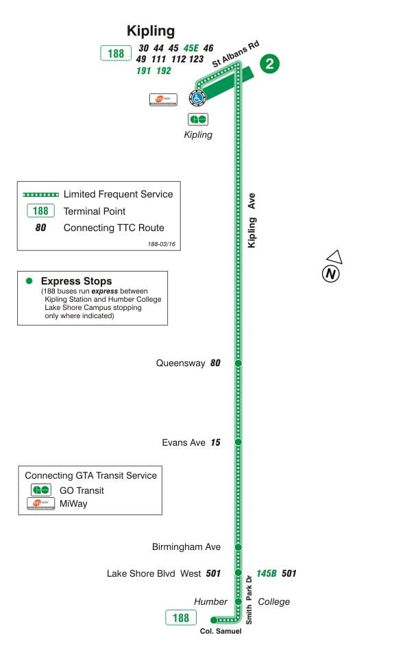Mapa do TTC 188 Kipling Sul Foguete rota de ônibus de Toronto