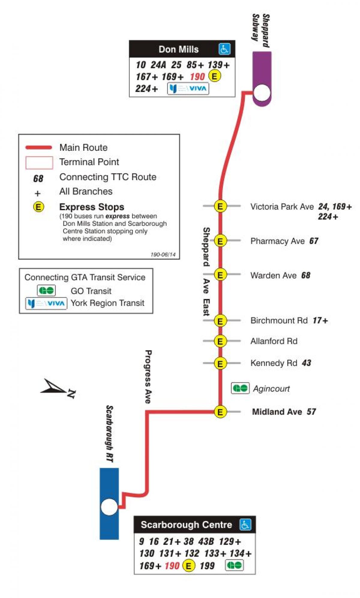 Mapa do TTC 190 Scarborough Centro de Foguetes rota de ônibus de Toronto