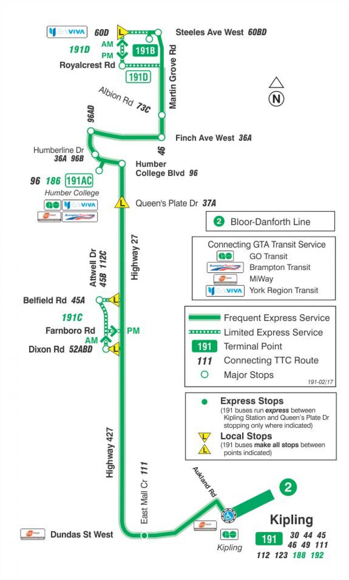 Mapa do TTC 191 Rodovia 27 Foguete rota de ônibus de Toronto