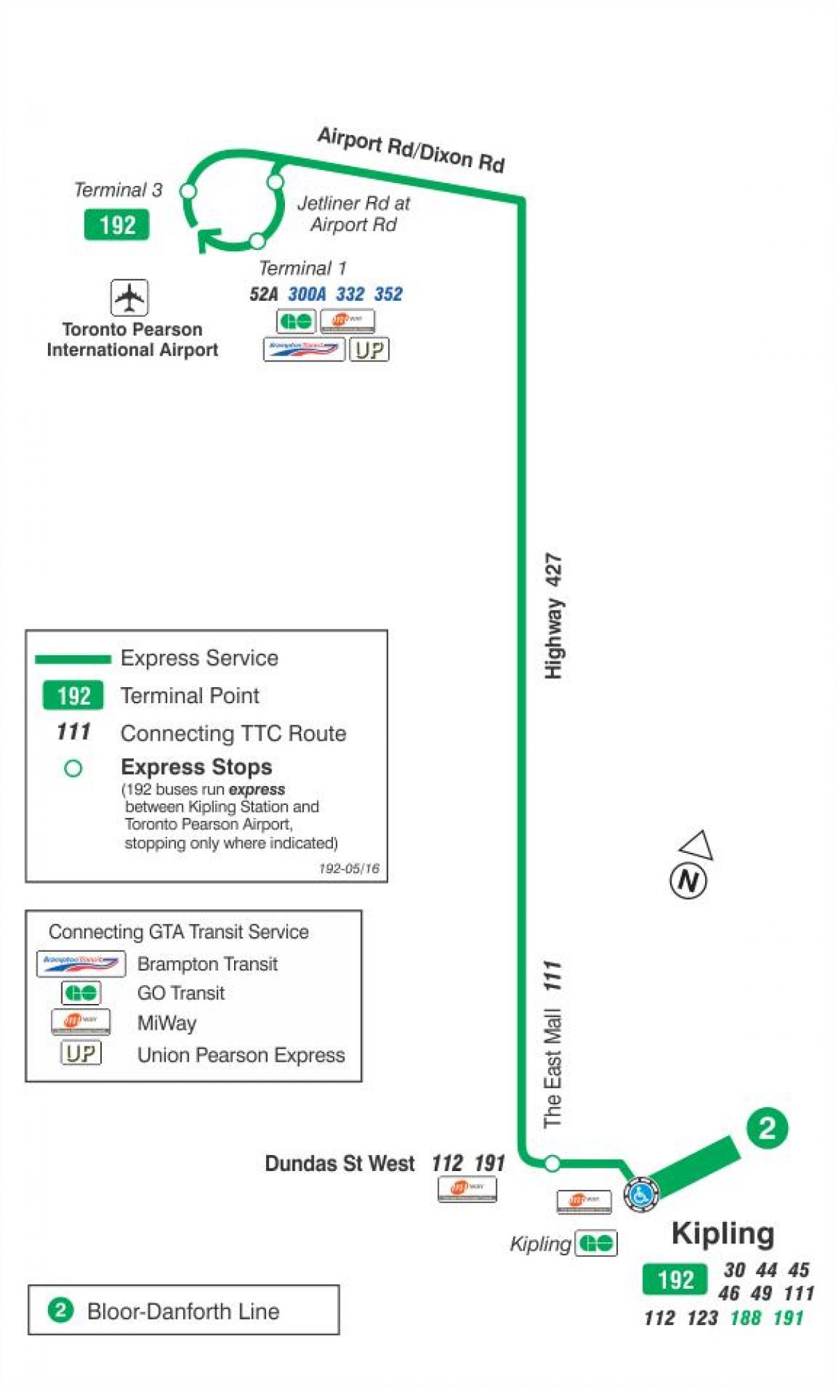 Mapa do TTC 192 Aeroporto de Foguetes rota de ônibus de Toronto
