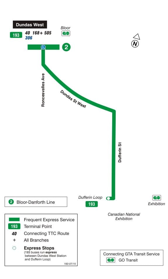 Mapa do TTC 193 Exposição Foguete rota de ônibus de Toronto