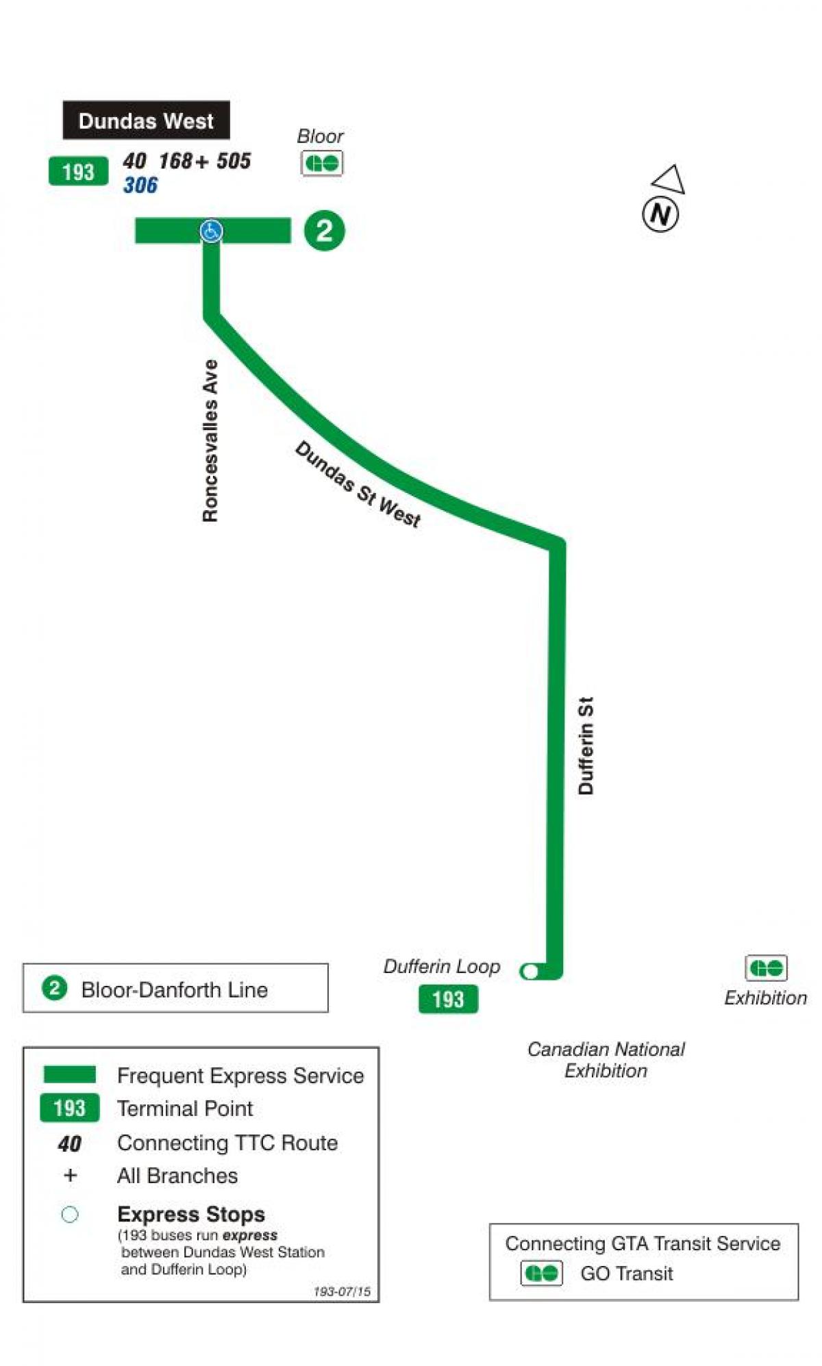 Mapa do TTC 193 Exposição Foguete rota de ônibus de Toronto