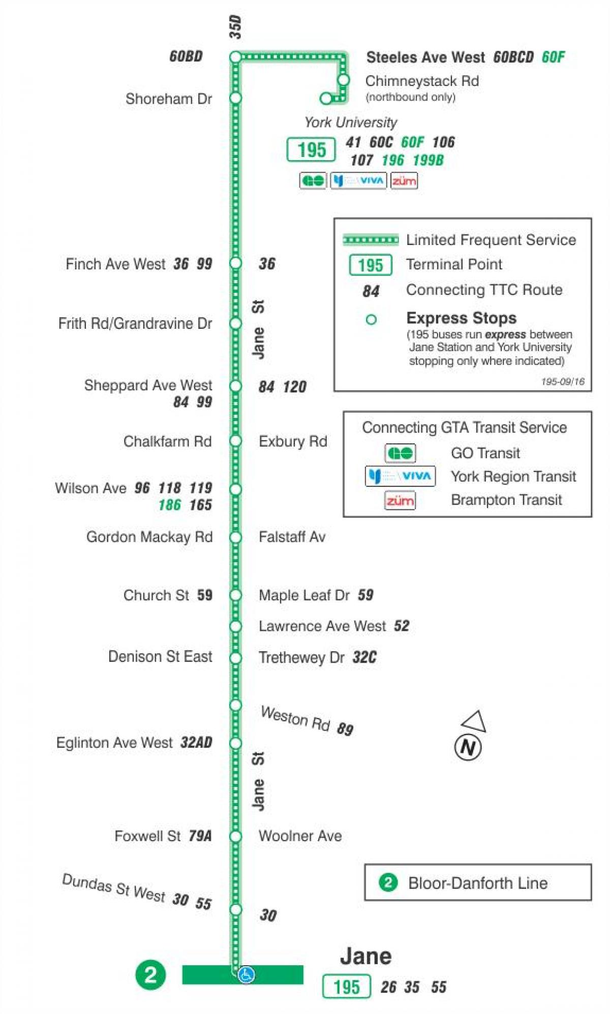 Mapa do TTC 195 Jane Rocket rota de ônibus de Toronto