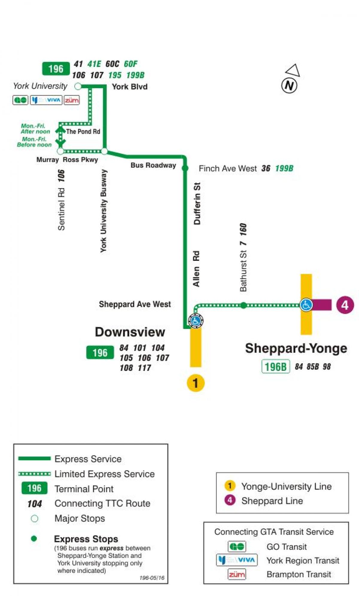 Mapa do TTC 196 Universidade de York Foguete rota de ônibus de Toronto