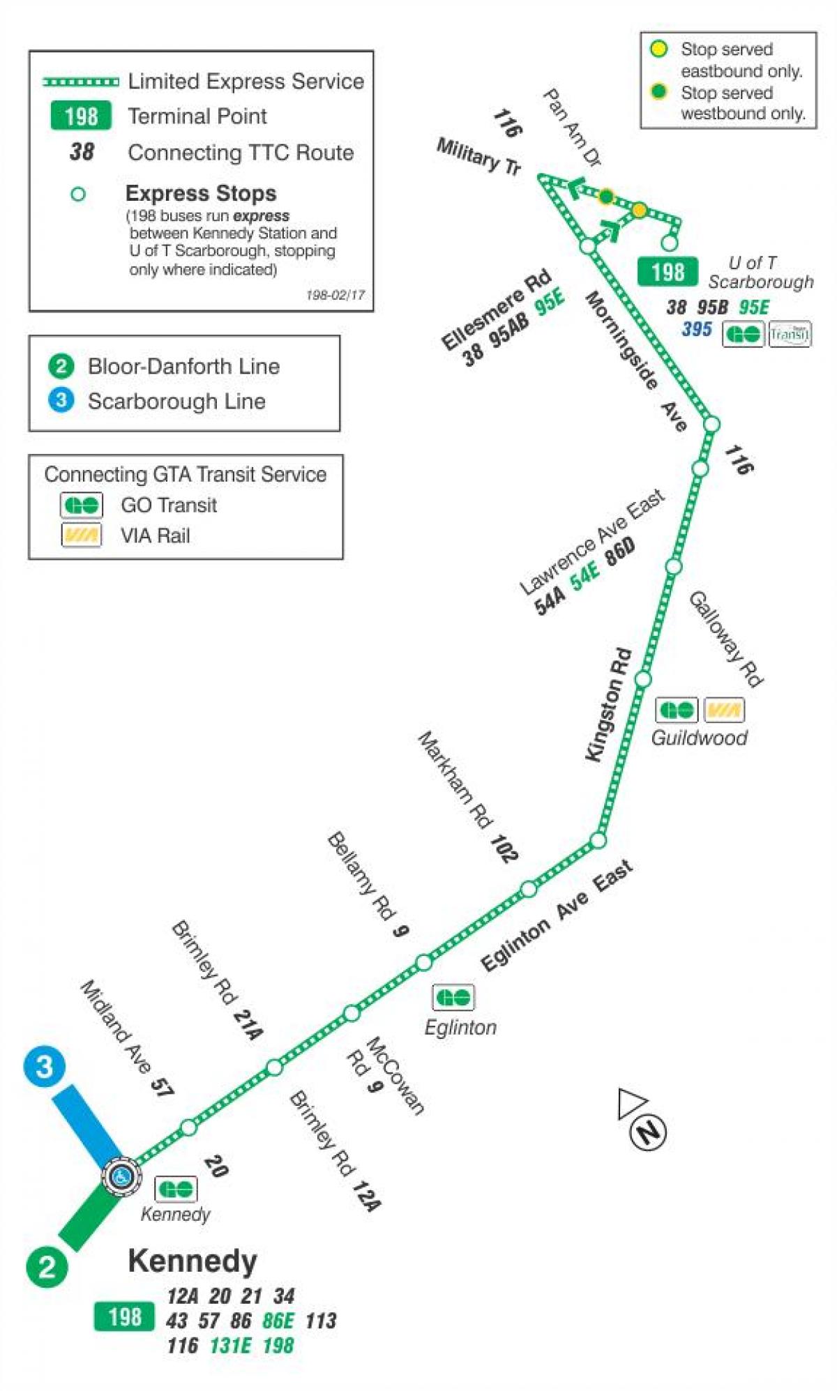 Mapa do TTC 198 U de T Scarborough Foguete rota de ônibus de Toronto