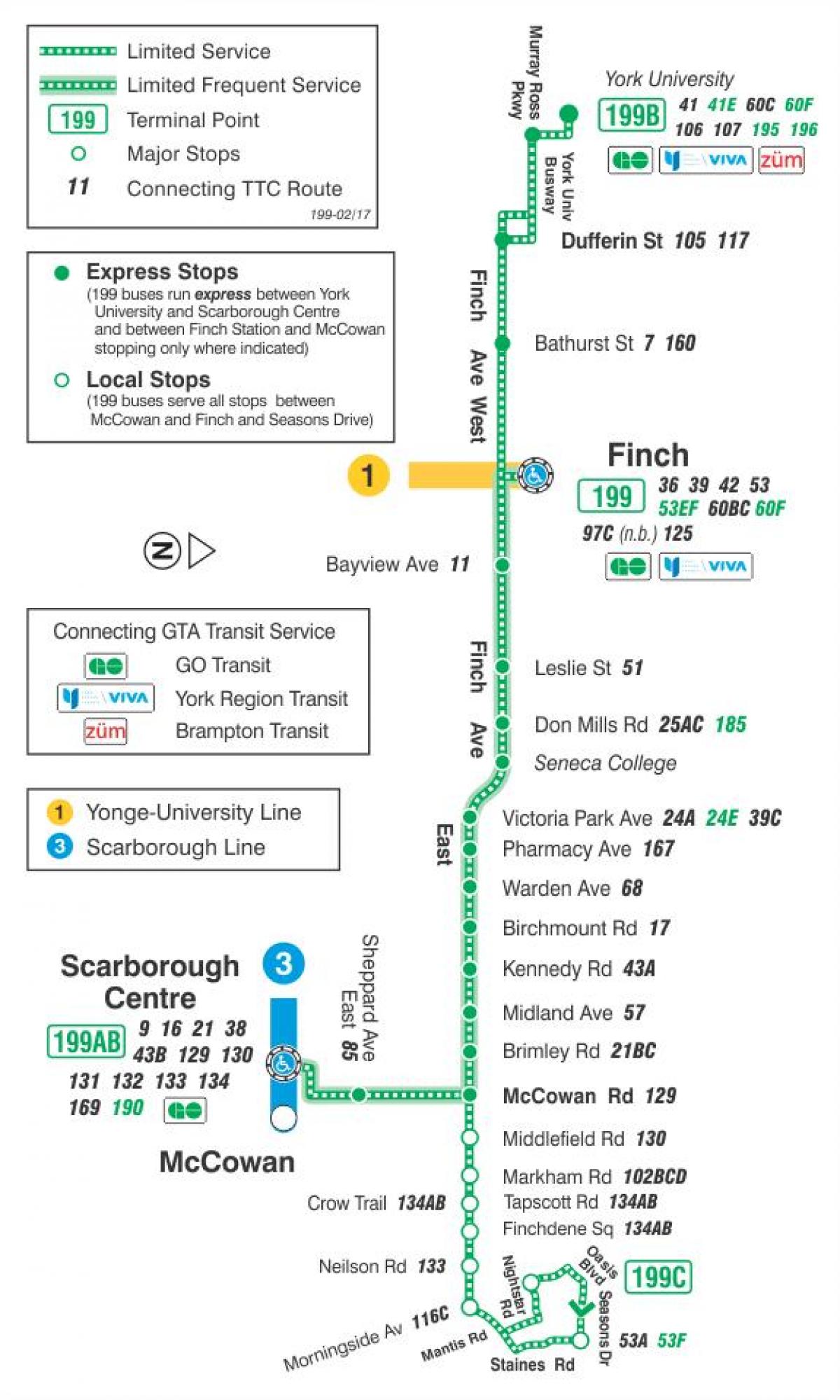 Mapa do TTC 199 Finch Foguete rota de ônibus de Toronto