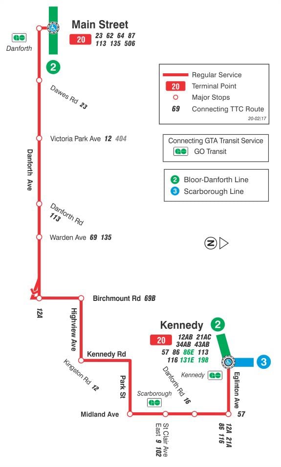 Mapa do TTC 20 Falésia rota de ônibus de Toronto