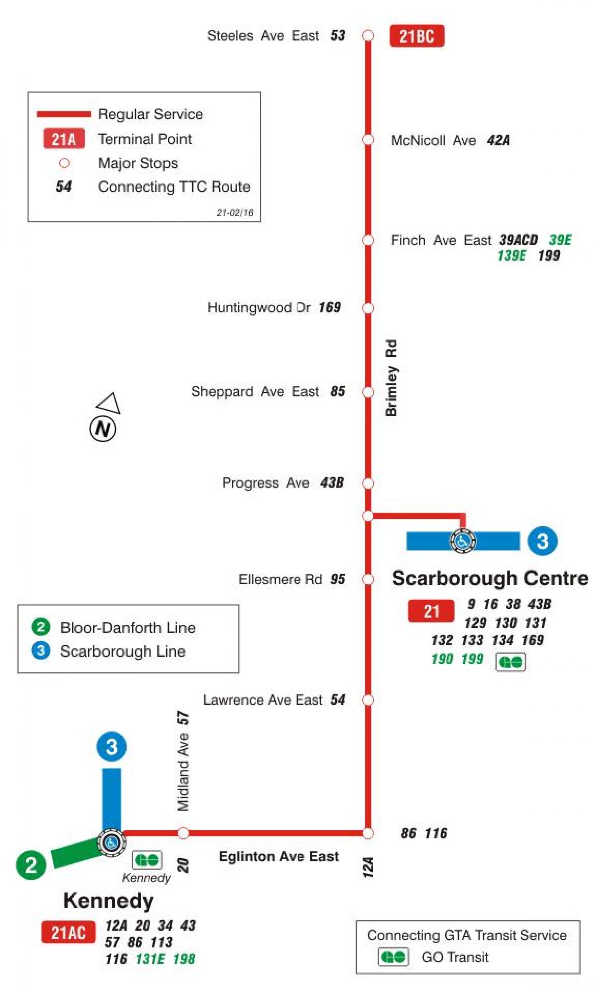 Mapa do TTC 21 Brimley rota de ônibus de Toronto