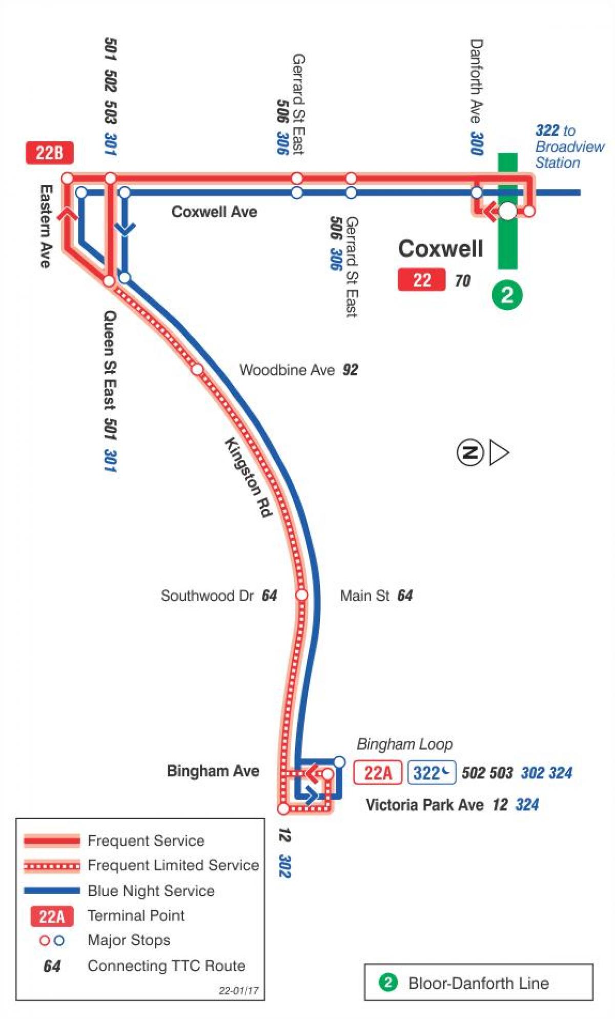 Mapa do TTC 22 Coxwell rota de ônibus de Toronto