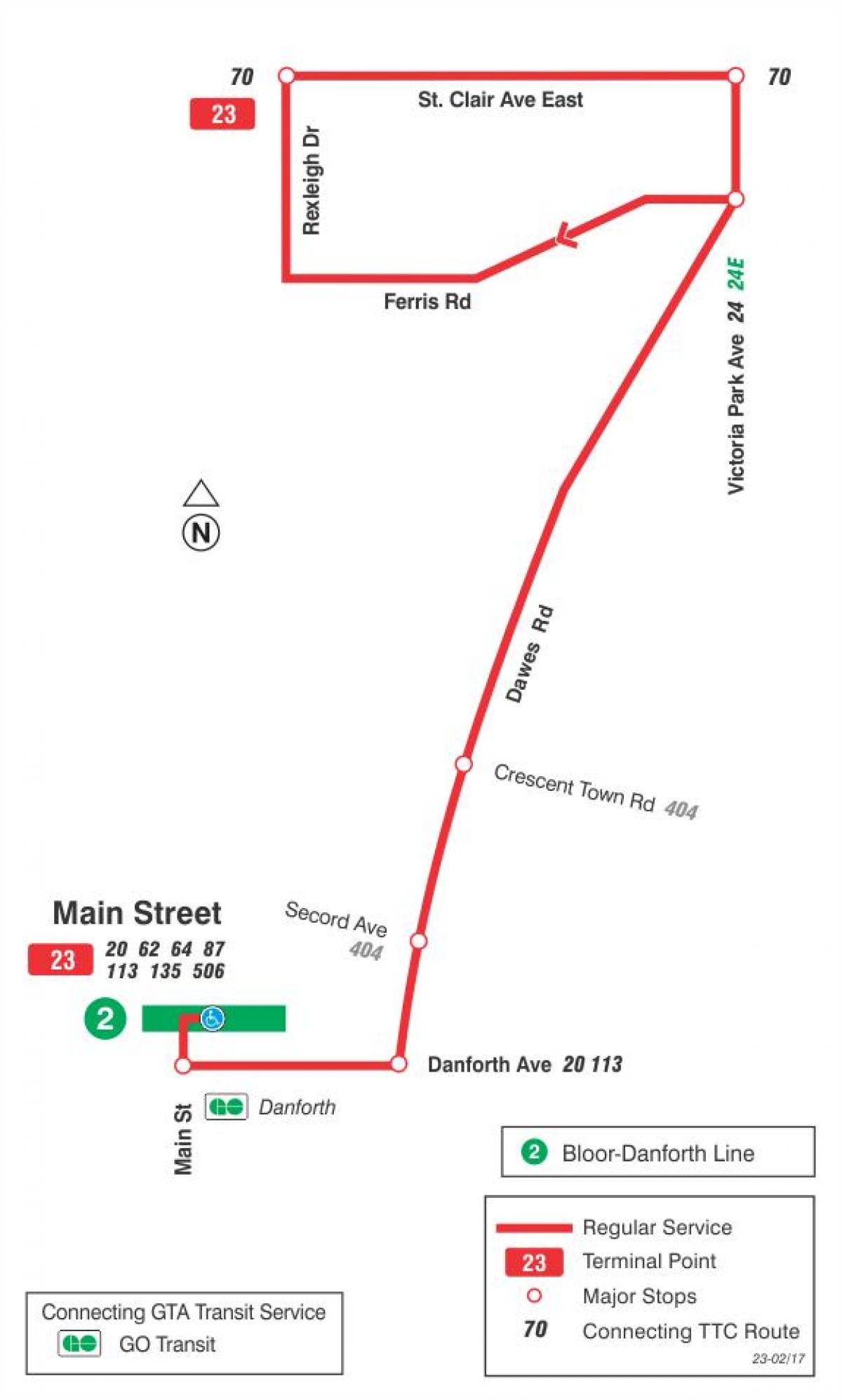 Mapa do TTC 23 Dawes rota de ônibus de Toronto