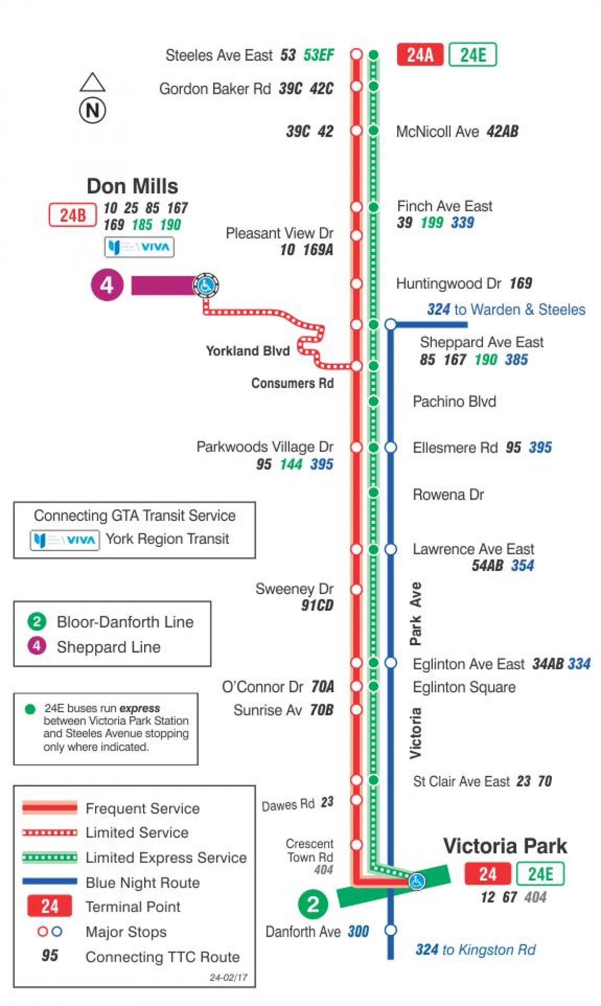 Mapa do TTC 24 Victoria Park rota de ônibus de Toronto