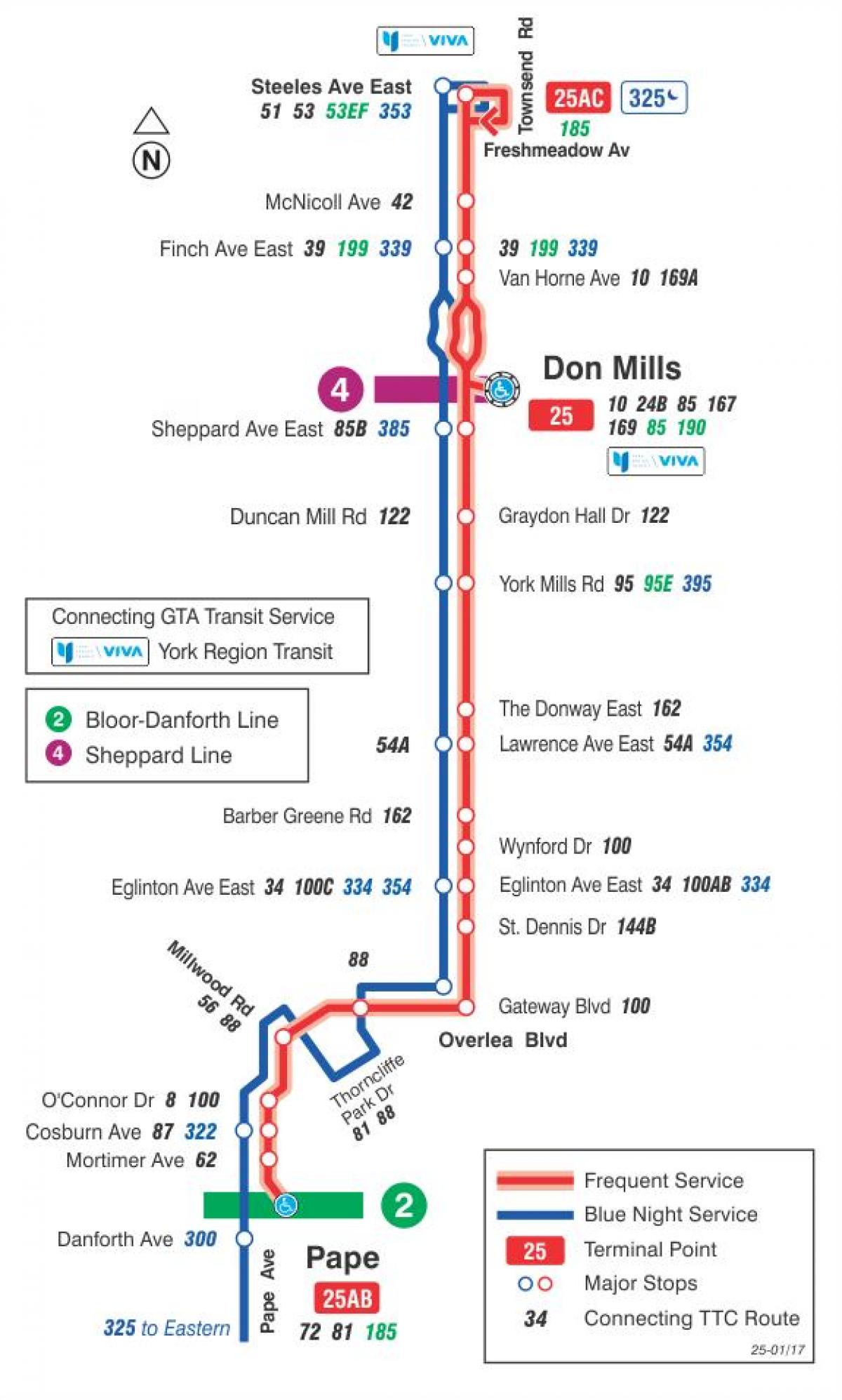 Mapa do TTC 25 de Don Mills rota de ônibus de Toronto