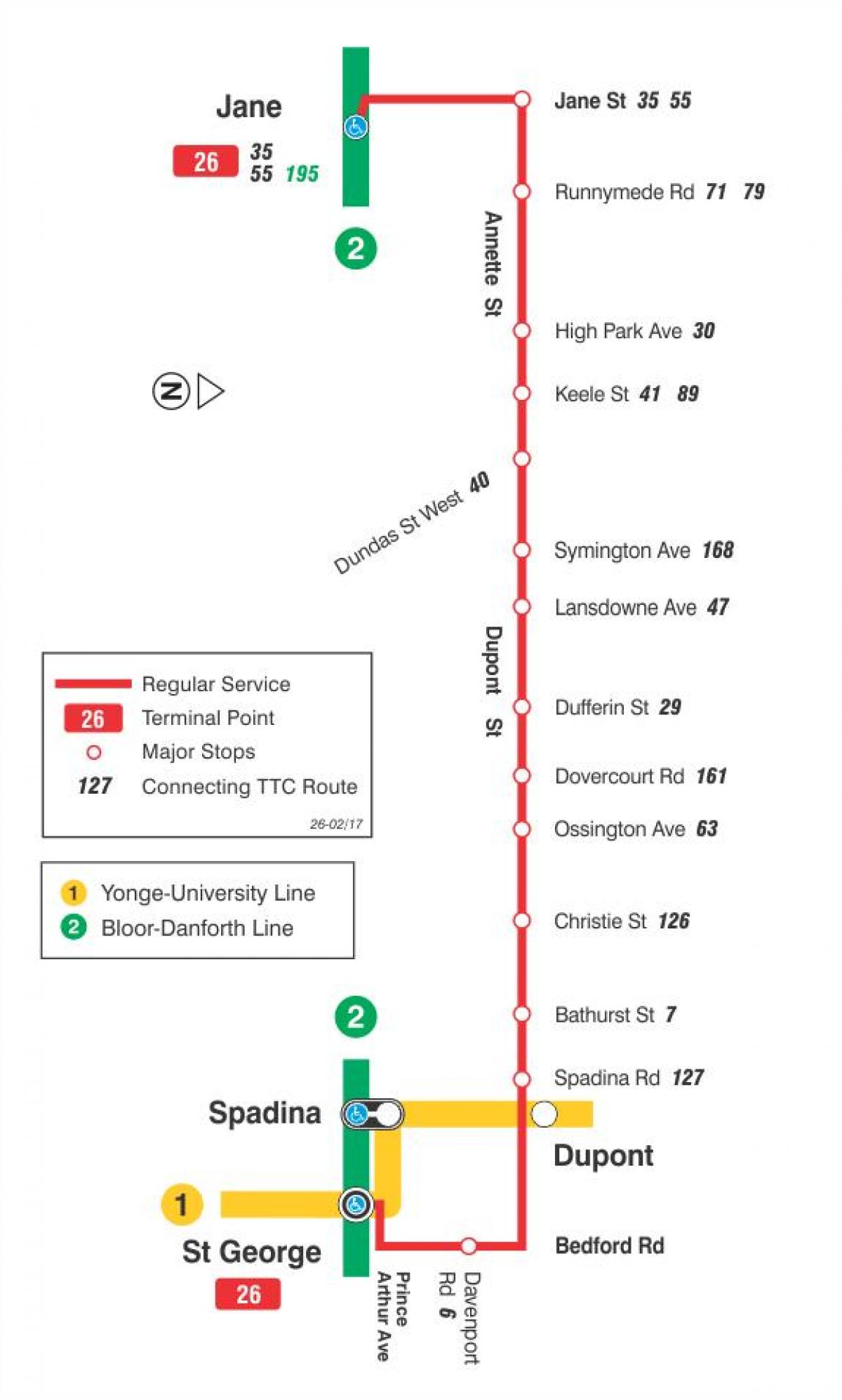 Mapa do TTC 26 Dupont rota de ônibus de Toronto