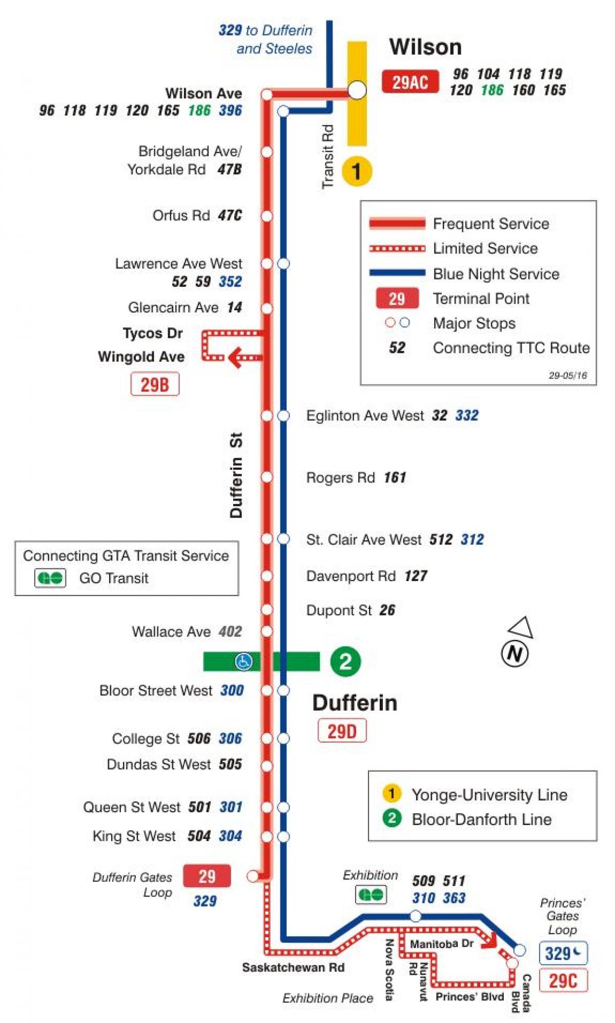 Mapa do TTC 29 Dufferin rota de ônibus de Toronto