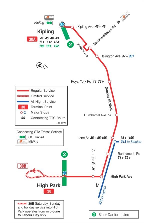 Mapa do TTC 30 Lambton rota de ônibus de Toronto