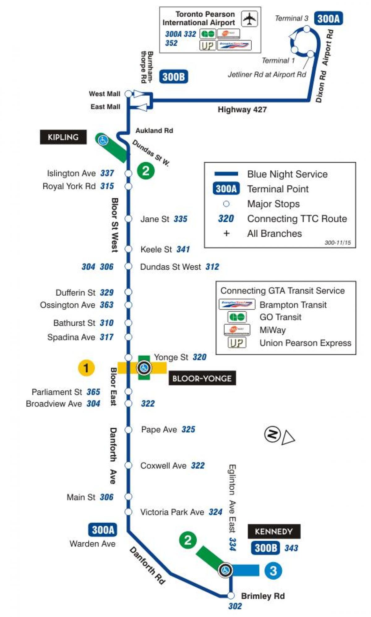 Mapa do TTC 300A Bloor-Danforth rota de ônibus de Toronto