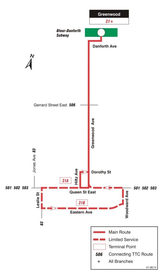 Mapa do TTC 31 de Greenwood rota de ônibus de Toronto