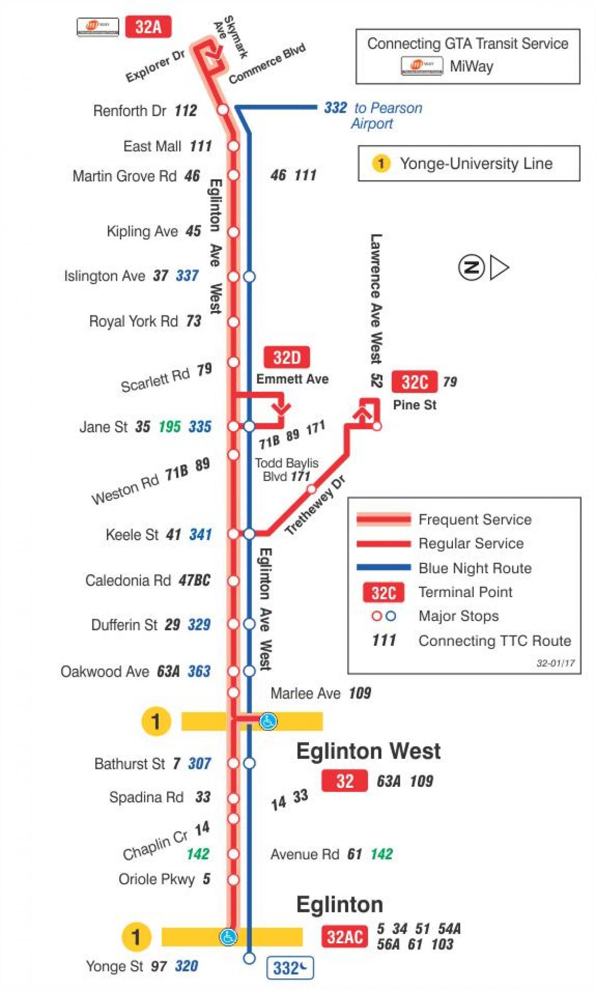 Mapa do TTC 32 Eglinton West rota de ônibus de Toronto