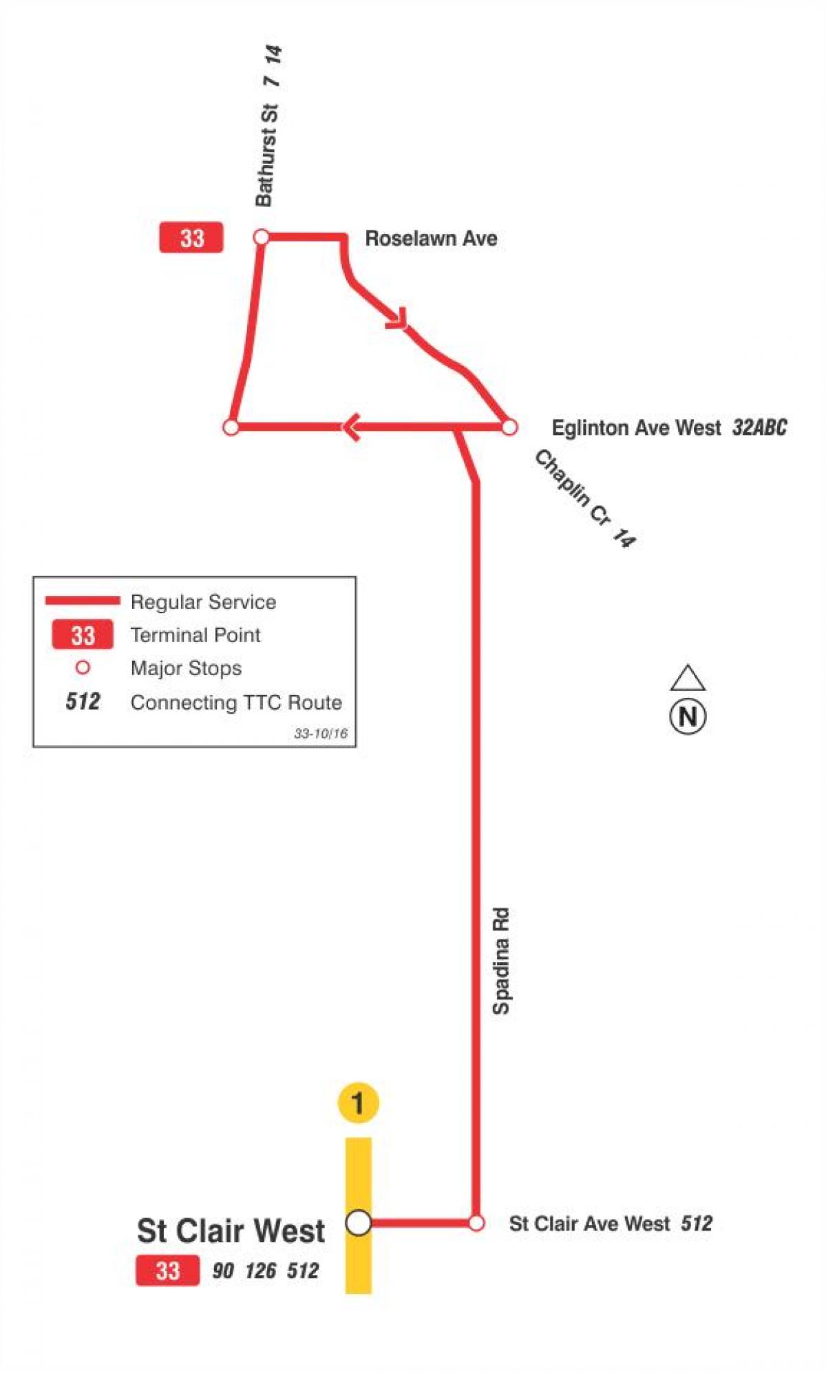 Mapa do TTC 33 Forest Hill rota de ônibus de Toronto