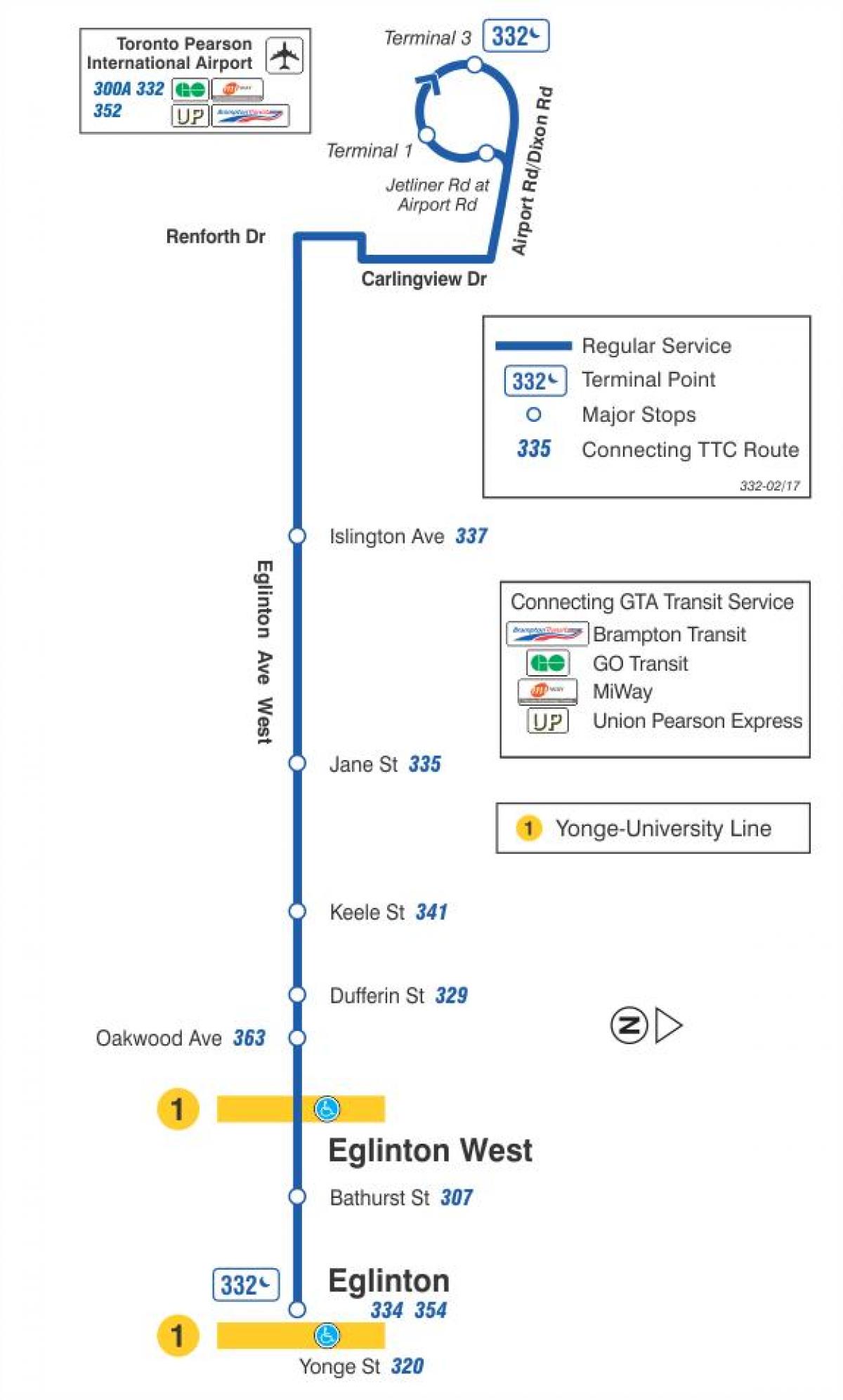 Mapa do TTC 332 Eglinton West rota de ônibus de Toronto